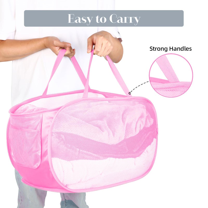 Bemkoo Durable Collapsible Laundry Baskets  Mesh Pop Up Laundry Hamper with Side Pocket  Foldable Clothes Hamper with Reinforced Carry Handles for Laundry  Bathroom  Kids Room  Dorm or Travel 2 Pack Pink - Image 5